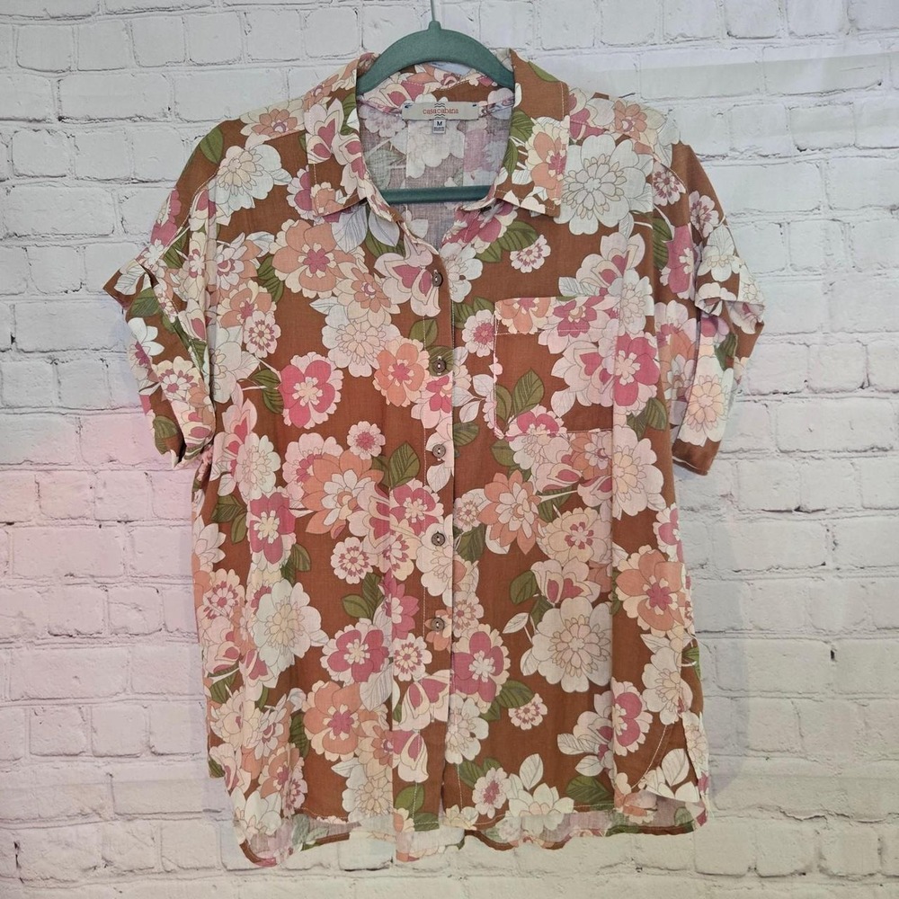 Casa Cabana Womens Linen Blend Pink Floral Blouse Sz M Bloomcore Retro 70s Boxy